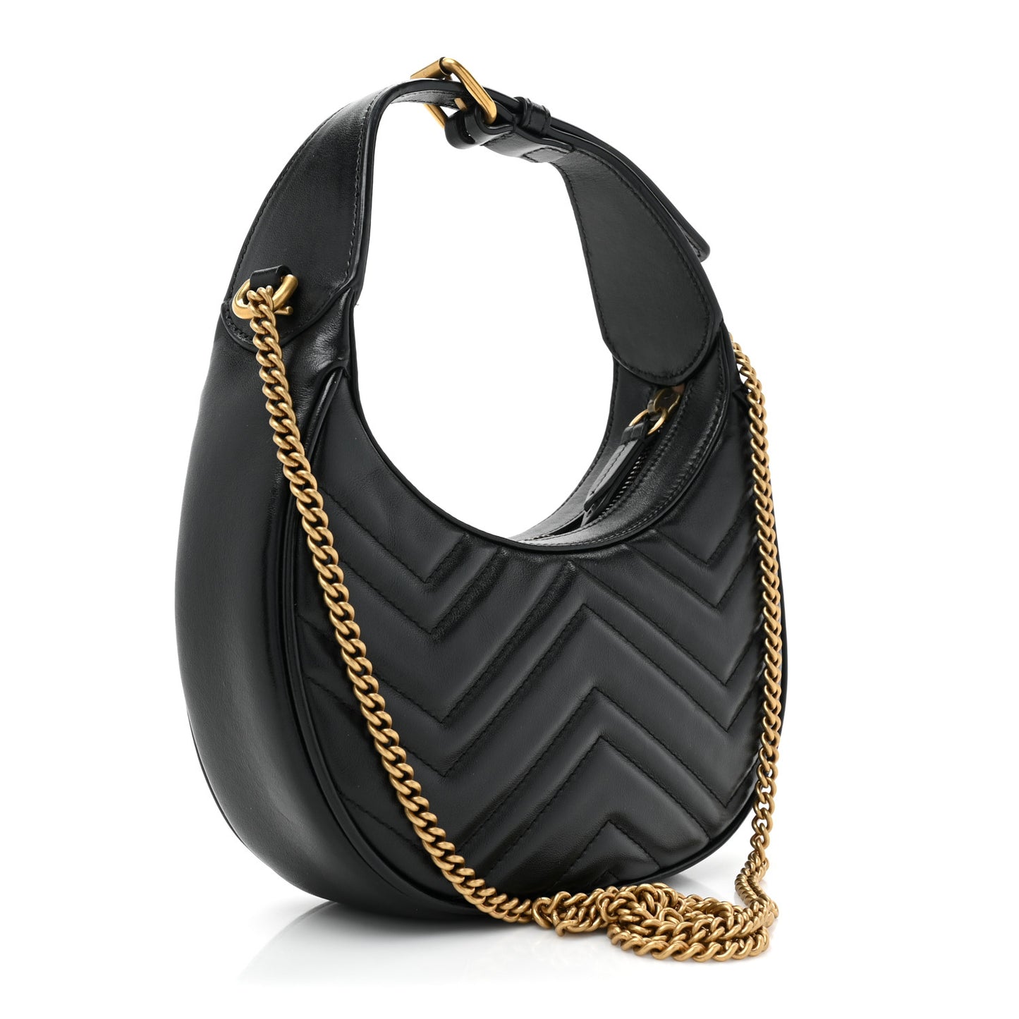 Calfskin Matelasse Chevron Mini GG Marmont Half Moon Hobo Black