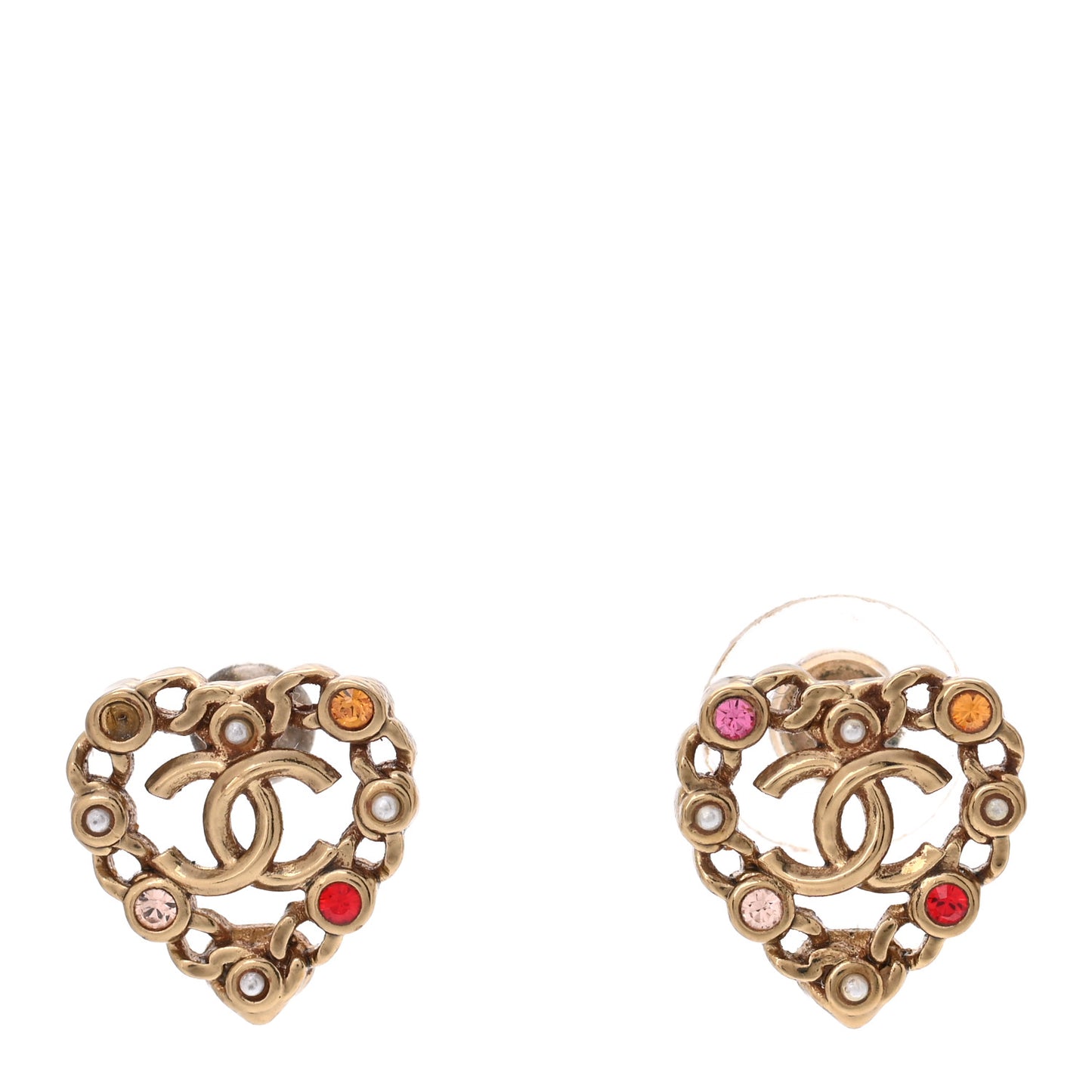 Pearl Crystal CC Heart Earrings Gold Multicolor