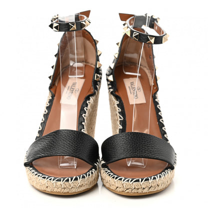 Valentino Garavani Grained Calfskin Rockstud Ankle Strap Espadrille 15/105mm Wedge Sandals 35 Black Light Cuir Natural 2 of 9