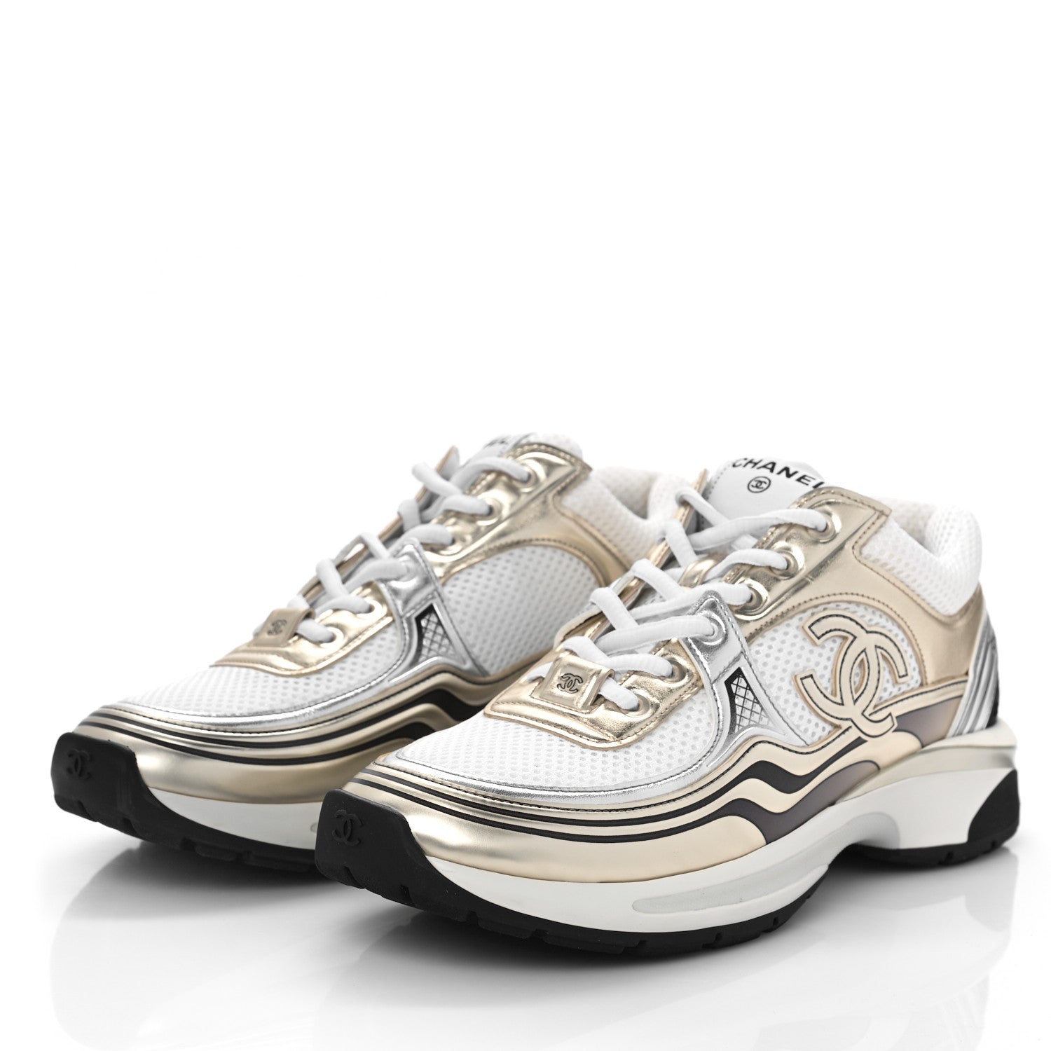 Chanel Fabric Laminated Calfskin Stretch CC Sneakers 36 White Gold Silver 4 of 9