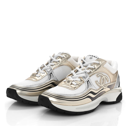 Chanel Fabric Laminated Calfskin Stretch CC Sneakers 36 White Gold Silver 4 of 9