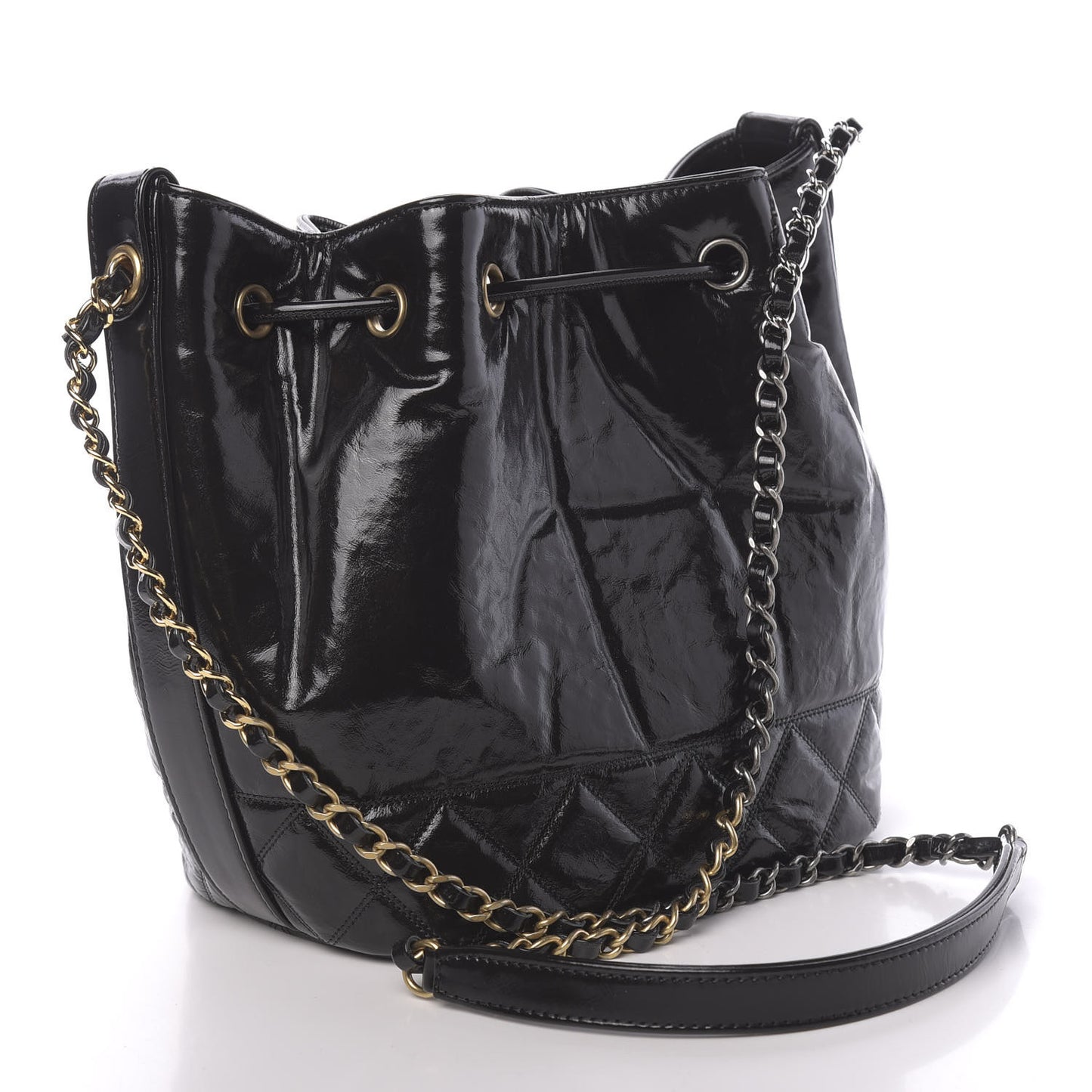 Shiny Aged Calfskin CC Chain Drawstring Bag Black