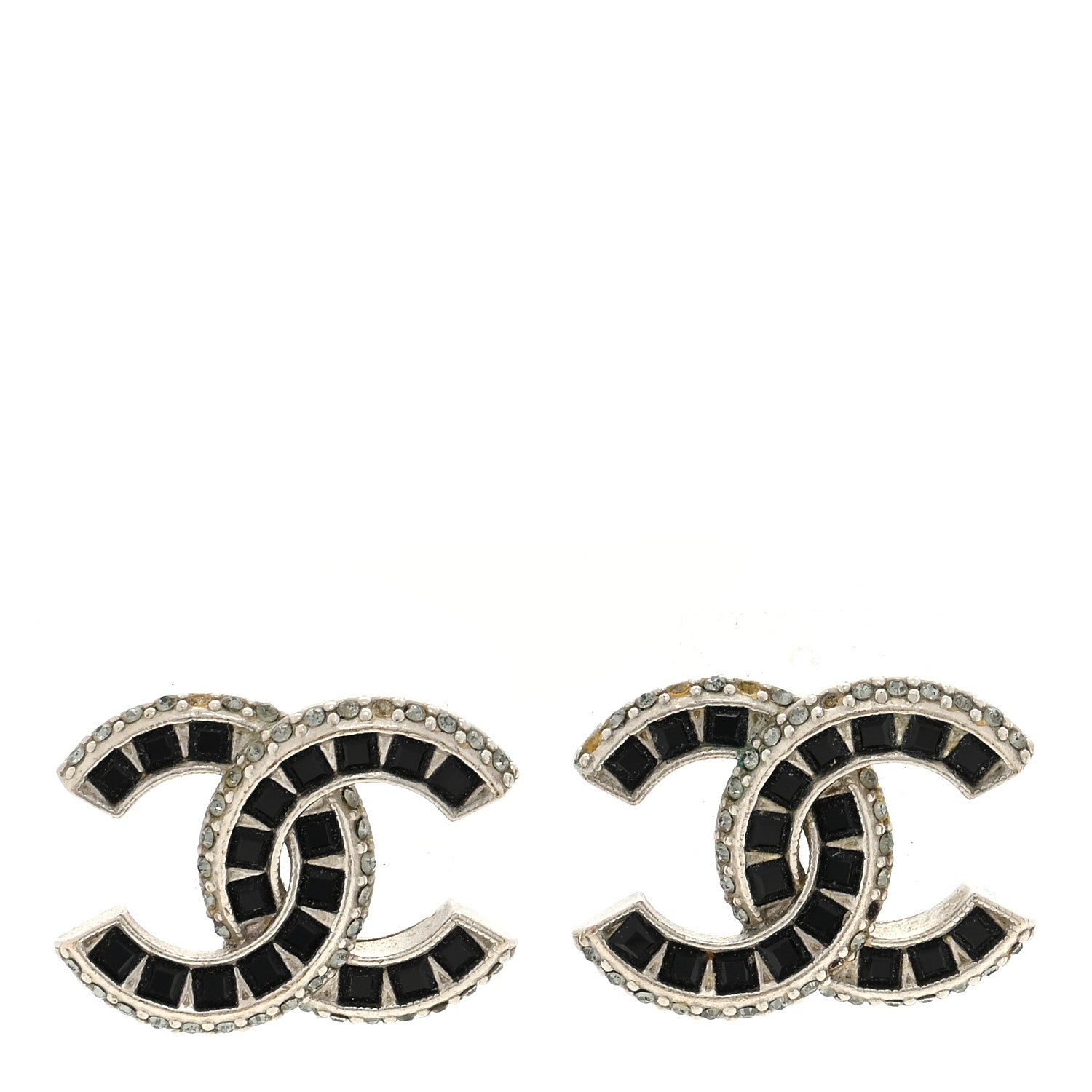 Chanel Baguette Crystal CC Earrings Silver Black 1 of 4