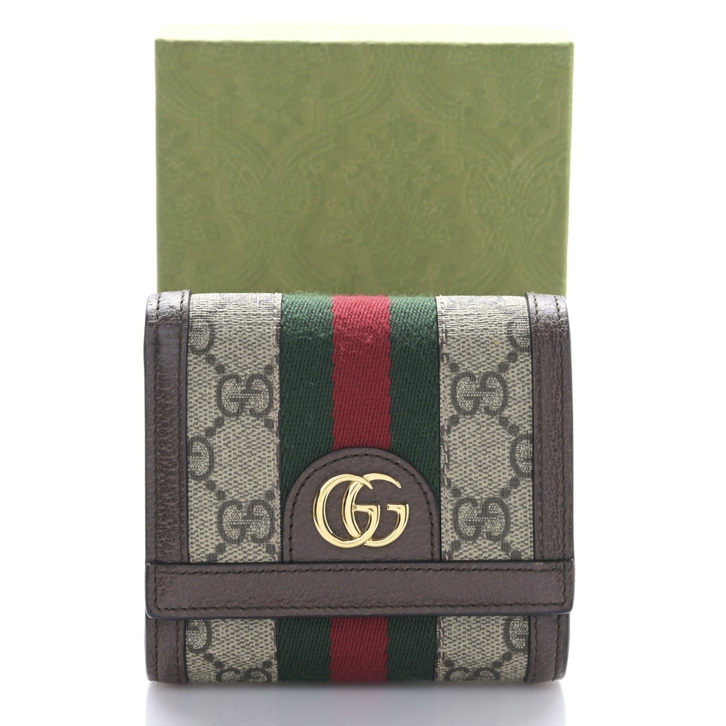 GG Supreme Monogram Textured Calfskin Web Ophidia Card Case Wallet Beige Ebony New Acero