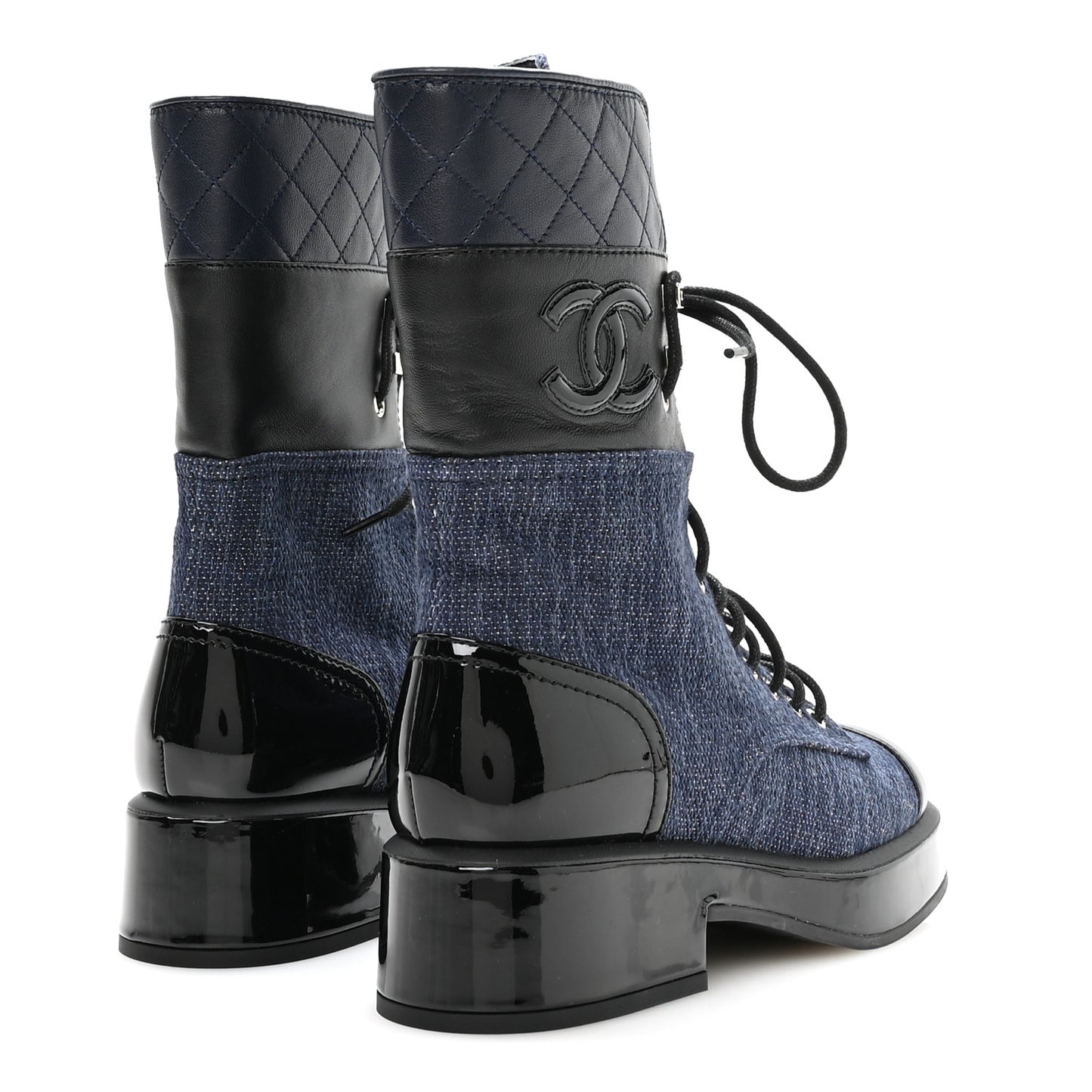 Fabric Patent Lambskin Quilted CC Lace Up Combat Boots 36.5 Navy Blue Black