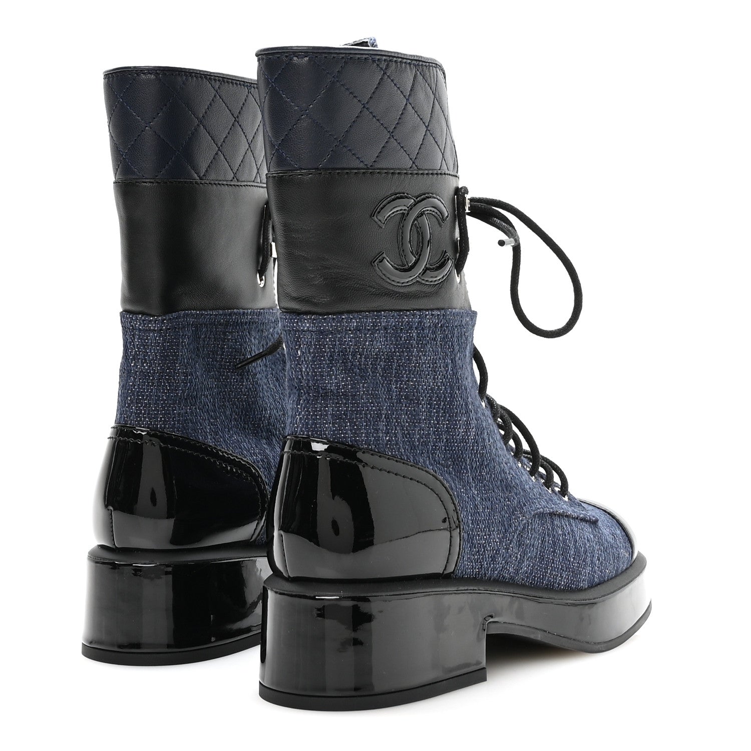 Chanel Fabric Patent Lambskin Quilted CC Lace Up Combat Boots 36.5 Navy Blue Black 5 of 9