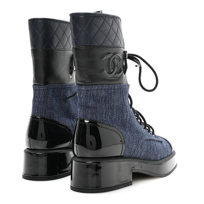 Chanel Fabric Patent Lambskin Quilted CC Lace Up Combat Boots 36.5 Navy Blue Black 5 of 9