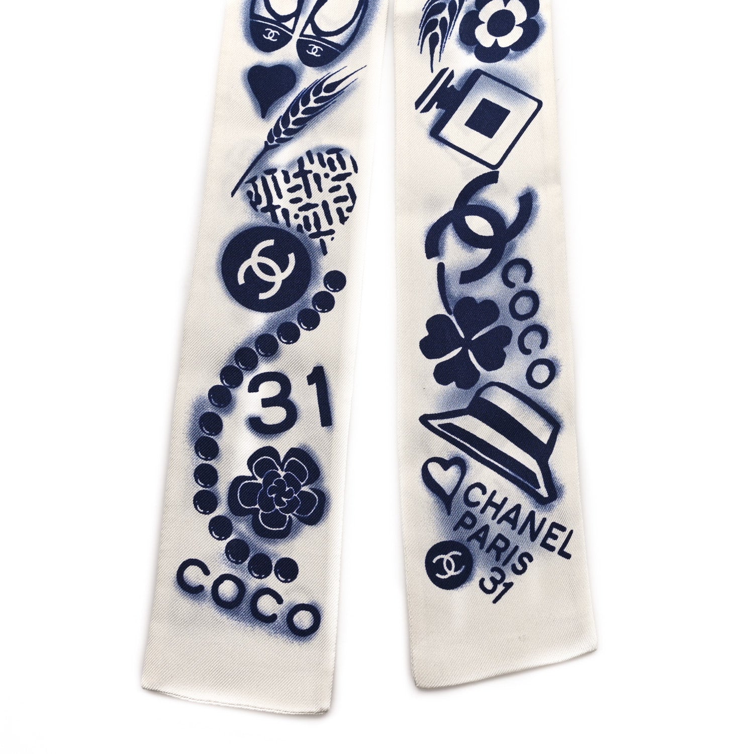 Chanel Silk CC Slim Bandeau Scarf White Blue 2 of 3