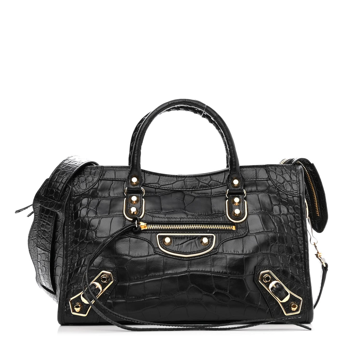 Calfskin Crocodile Embossed Gold Metallic Edge Hardware S City Black
