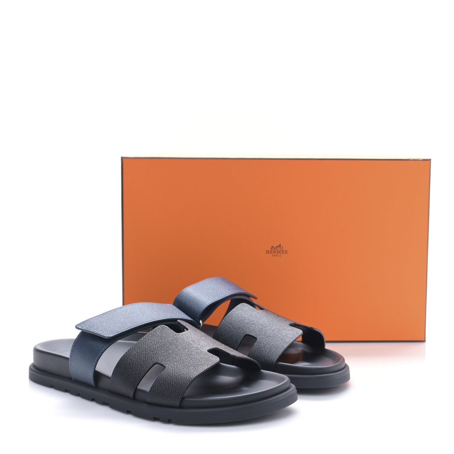 Hermes Epsom Mens Chypre Sandals 42 Black Bleu Céleste 9 of 9