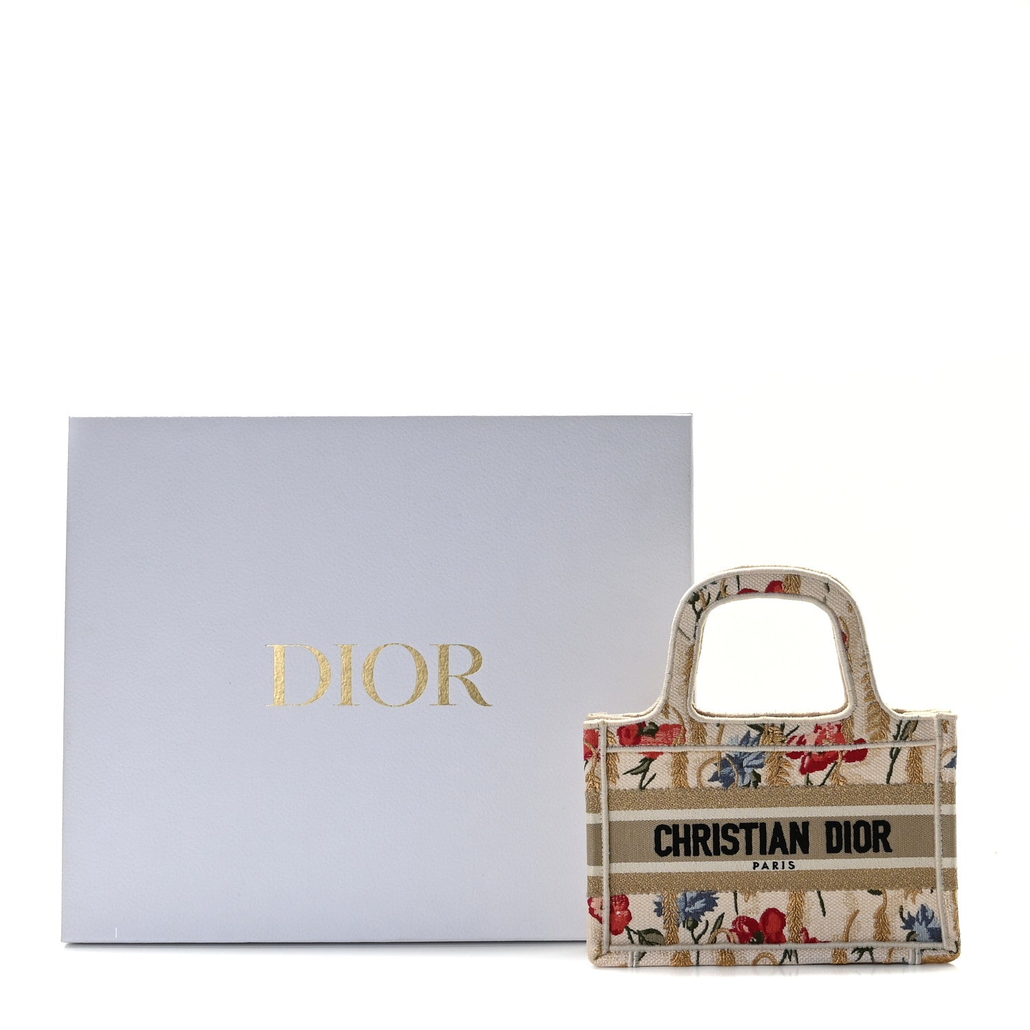Christian Dior Canvas Embroidered Hibiscus Printed Mini Book Tote Beige Multicolor 7 of 9