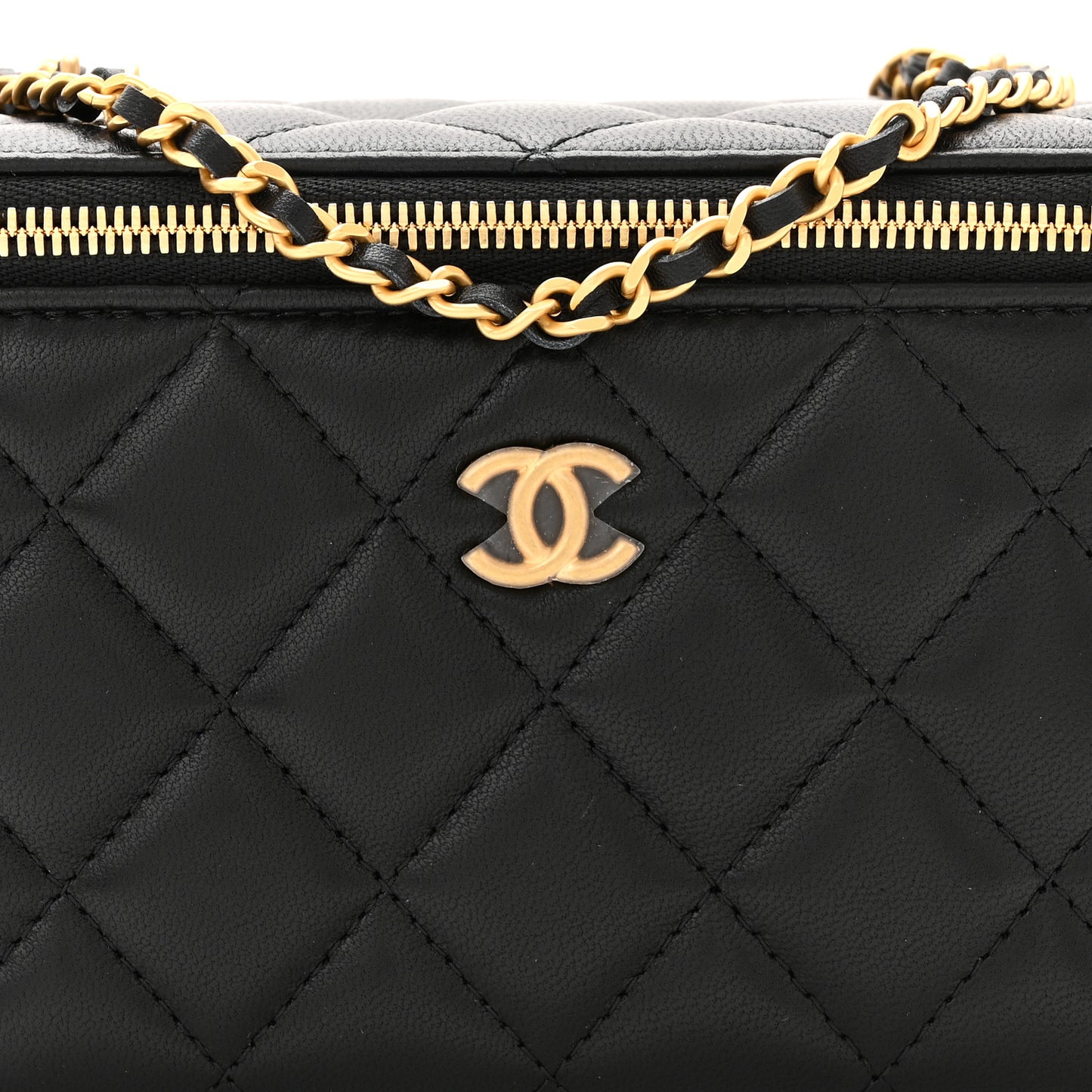 Lambskin Enamel Quilted Small Coco Hearts Vanity Case With Chain Black