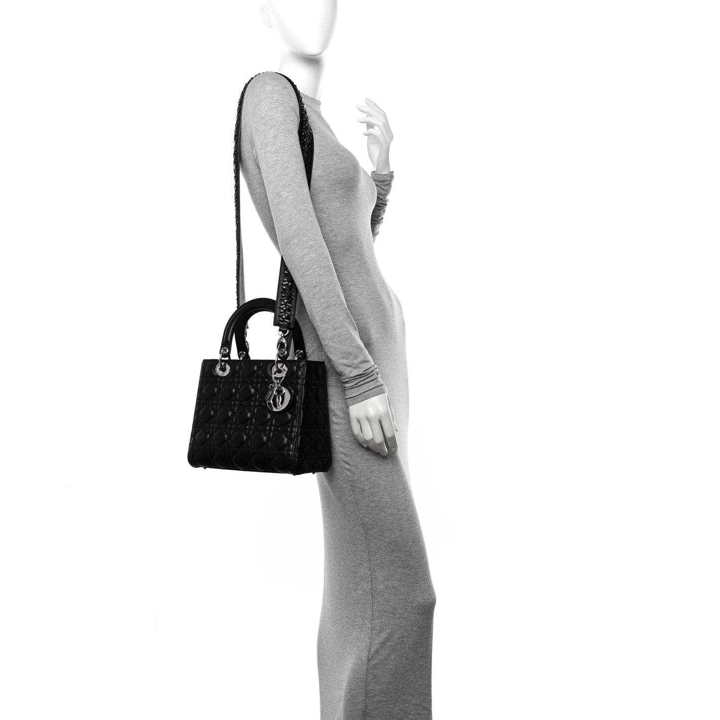 Lambskin Cannage Medium Lady Dior Crystal Strap Black