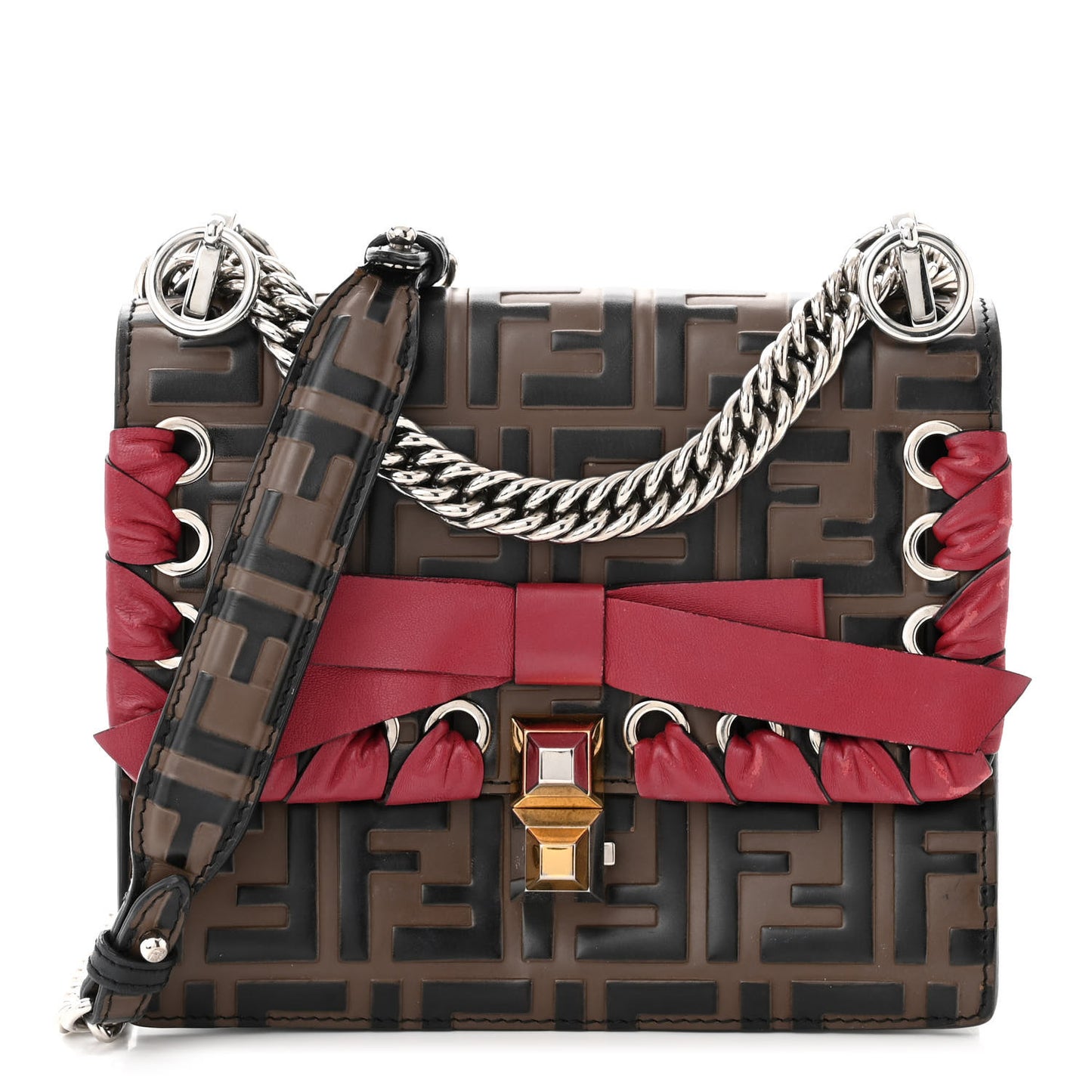 Vitello Shiny Nappa Bi-Color FF 1974 Lace Up Bow Embossed Small Kan I Shoulder Bag Maya Black Fragola