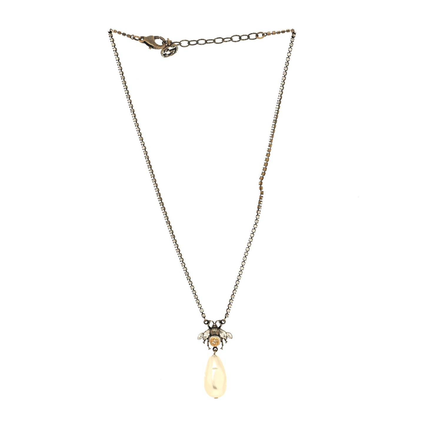Metal Crystal Pearl Bee Necklace Aged Gold