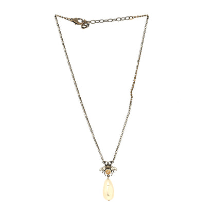 Gucci Metal Crystal Pearl Bee Necklace Aged Gold 3 of 7