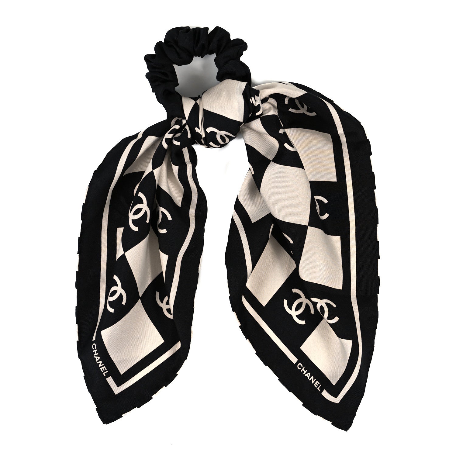 Chanel Silk CC Scarf Hair Tie Black White 1 of 4