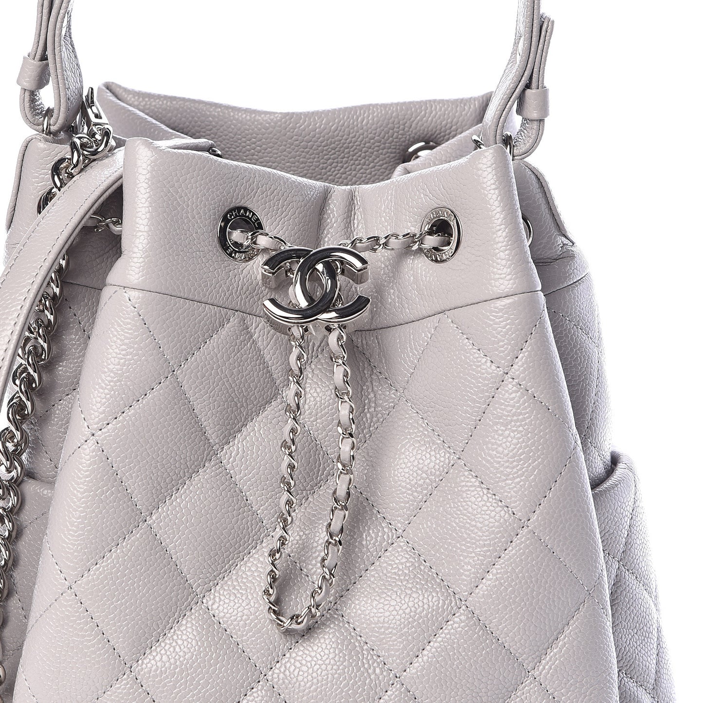 Grained Calfskin Quilted Medium CC Chain Bucket Drawstring Bag Light Grey