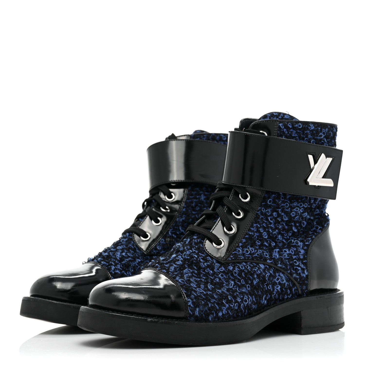 Louis Vuitton Tweed Calfskin Wonderland Ranger Boots 37.5 Blue Black 3 of 15