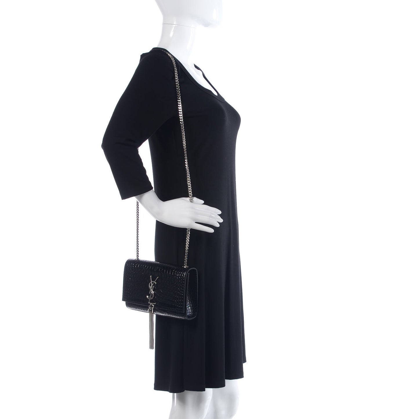Calfskin Crocodile Embossed Small Classic Monogram Kate Tassel Satchel Black