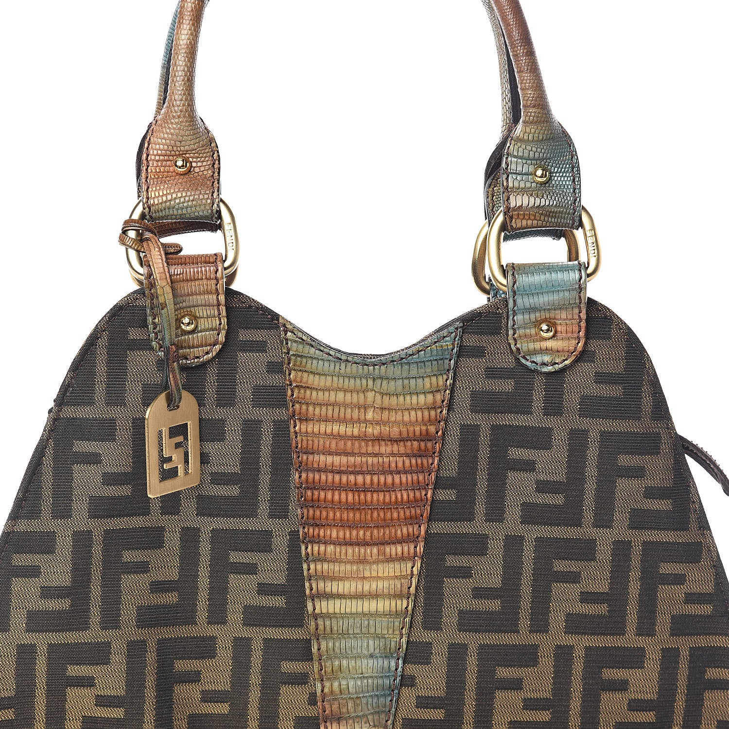 Fendi Zucca Lizard Small Devil Trapezio Tote Tobacco 520774
