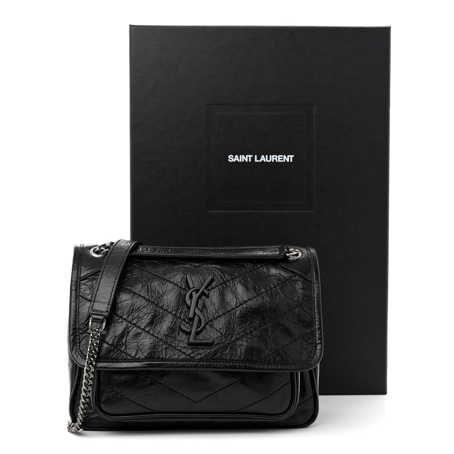 Crinkled Lambskin Matelasse Monogram Baby Niki Chain Satchel Black