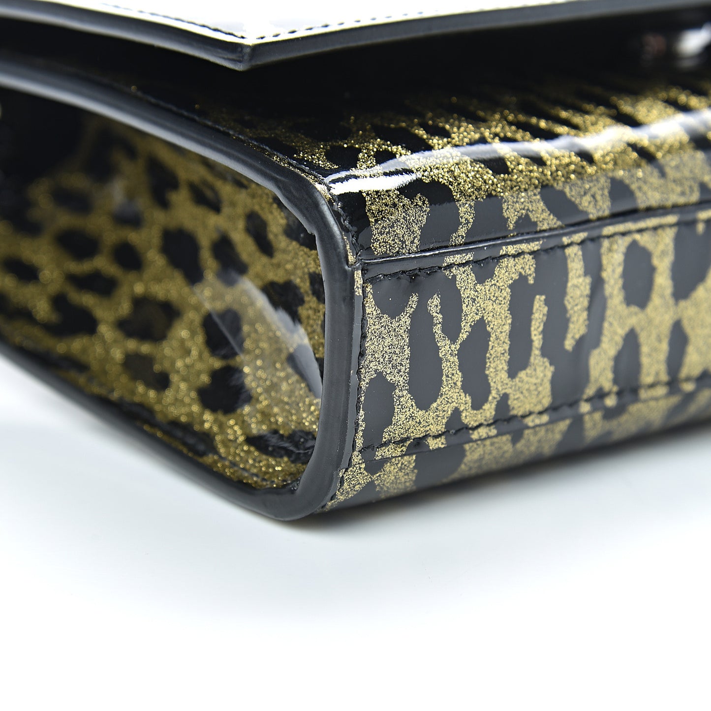 Patent Glitter Leopard Small Classic Monogram Kate Chain Wallet Black Gold