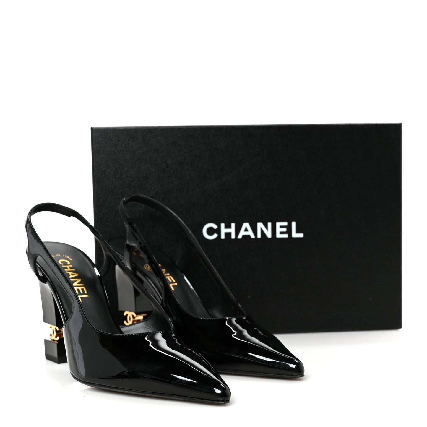 Patent Calfskin Slingback CC Cutout Pumps 38 Black