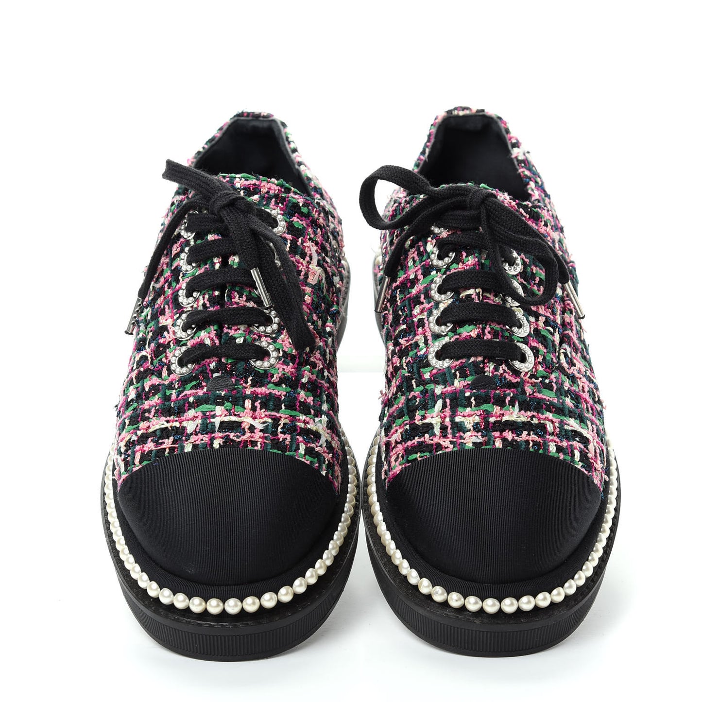 Metallic Tweed Grosgrain Pearl Lace Up Sneakers 39 Black Multicolor