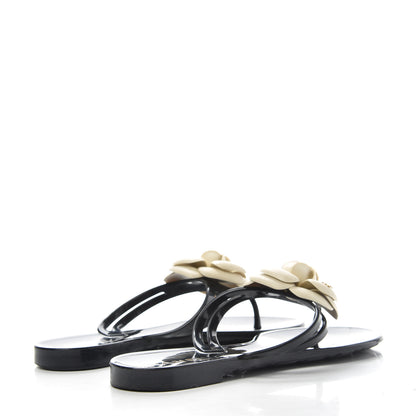 Chanel Jelly Camellia Thong Sandals 36 Black Ivory 4 of 10