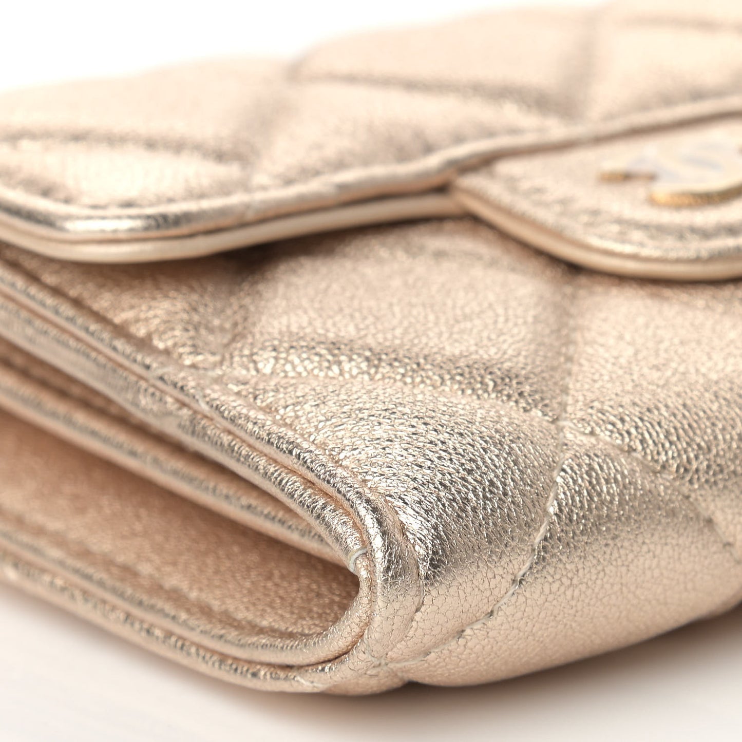 Metallic Lambskin Quilted Flap Card Holder On Chain Gold