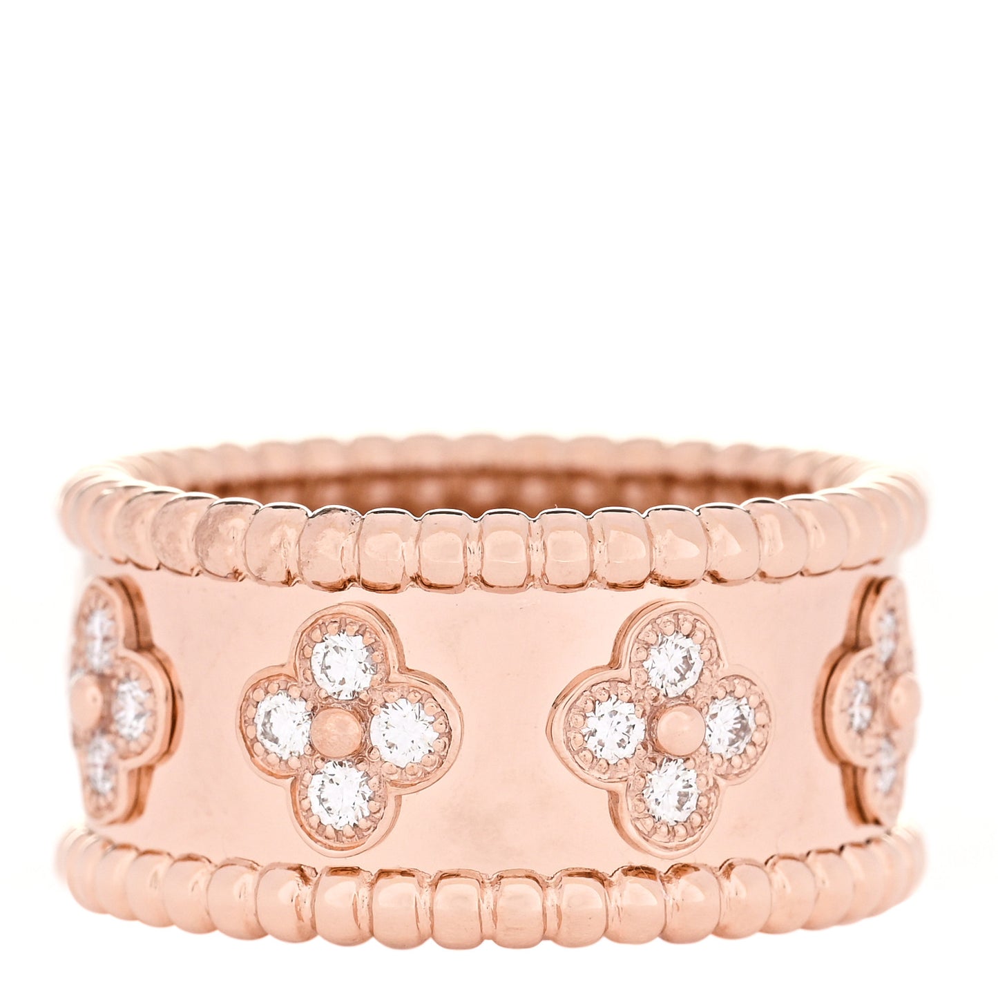 18K Rose Gold Diamond Medium Perlee Clovers Ring 56 7.75