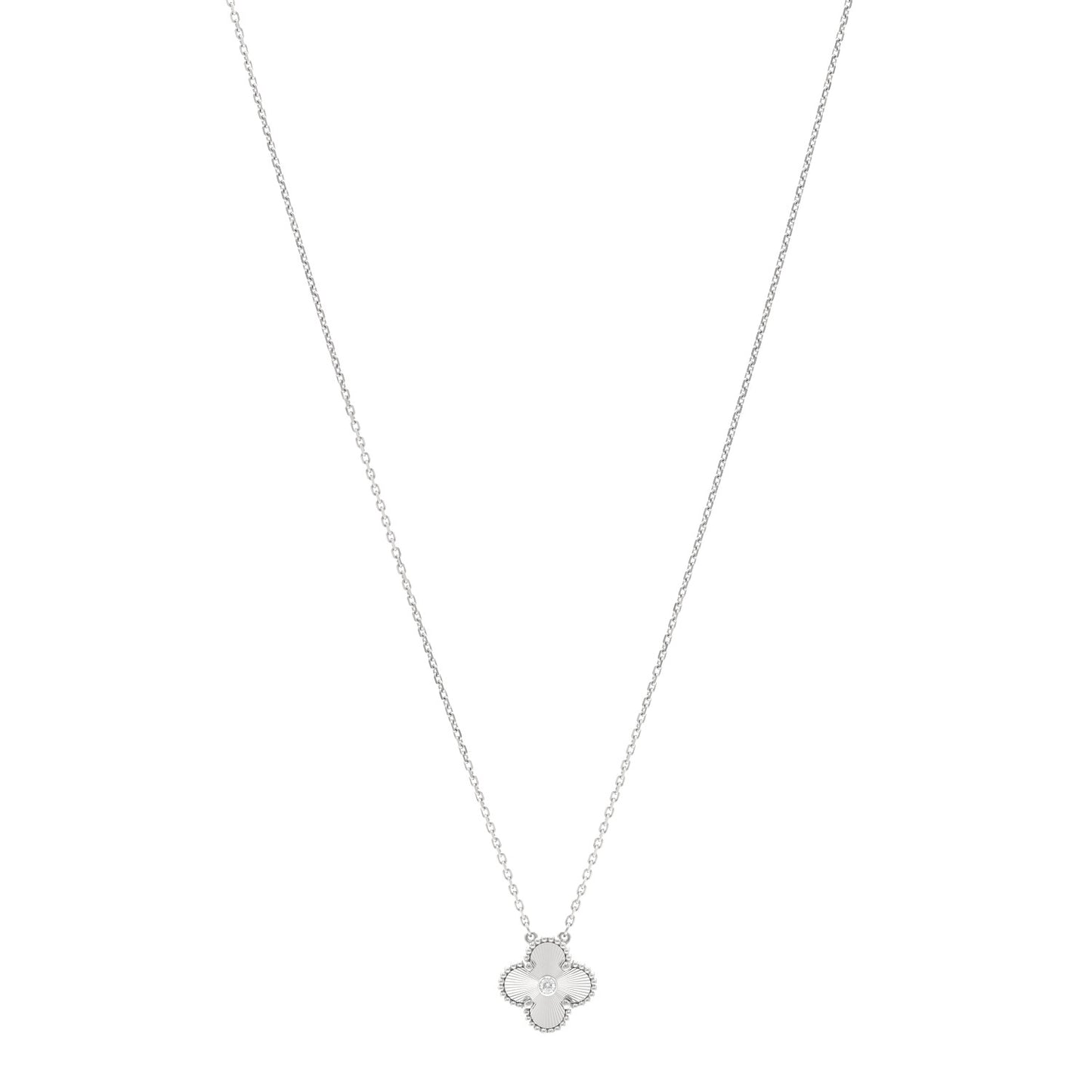 18K White Gold Diamond Guilloche Vintage Alhambra Pendant Necklace