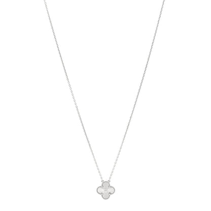 Van Cleef & Arpels 18K White Gold Diamond Guilloche Vintage Alhambra Pendant Necklace 1 of 6