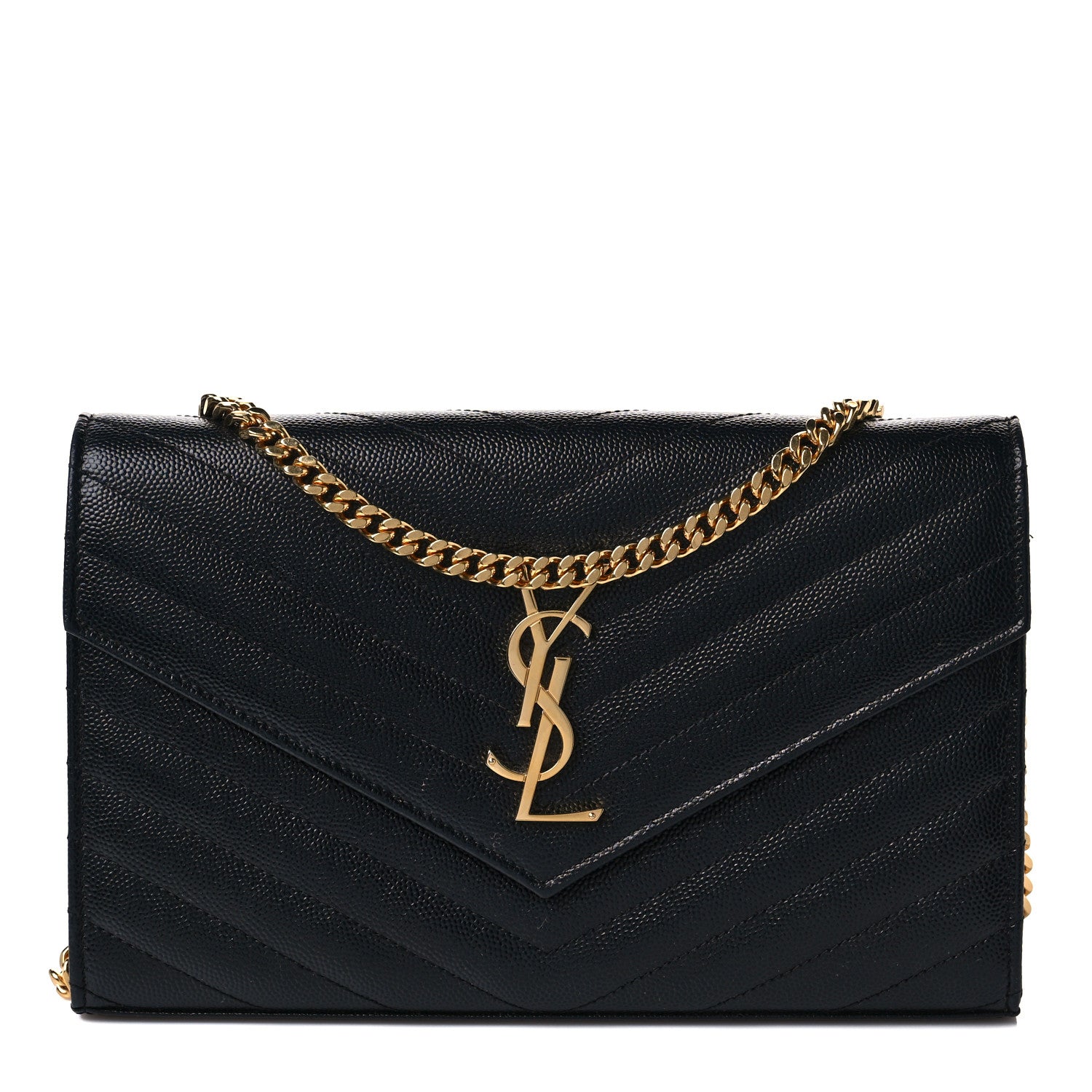 Saint Laurent Grain De Poudre Matelasse Chevron Monogram Chain Wallet Black 1 of 8