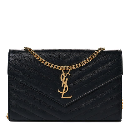 Saint Laurent Grain De Poudre Matelasse Chevron Monogram Chain Wallet Black 1 of 8