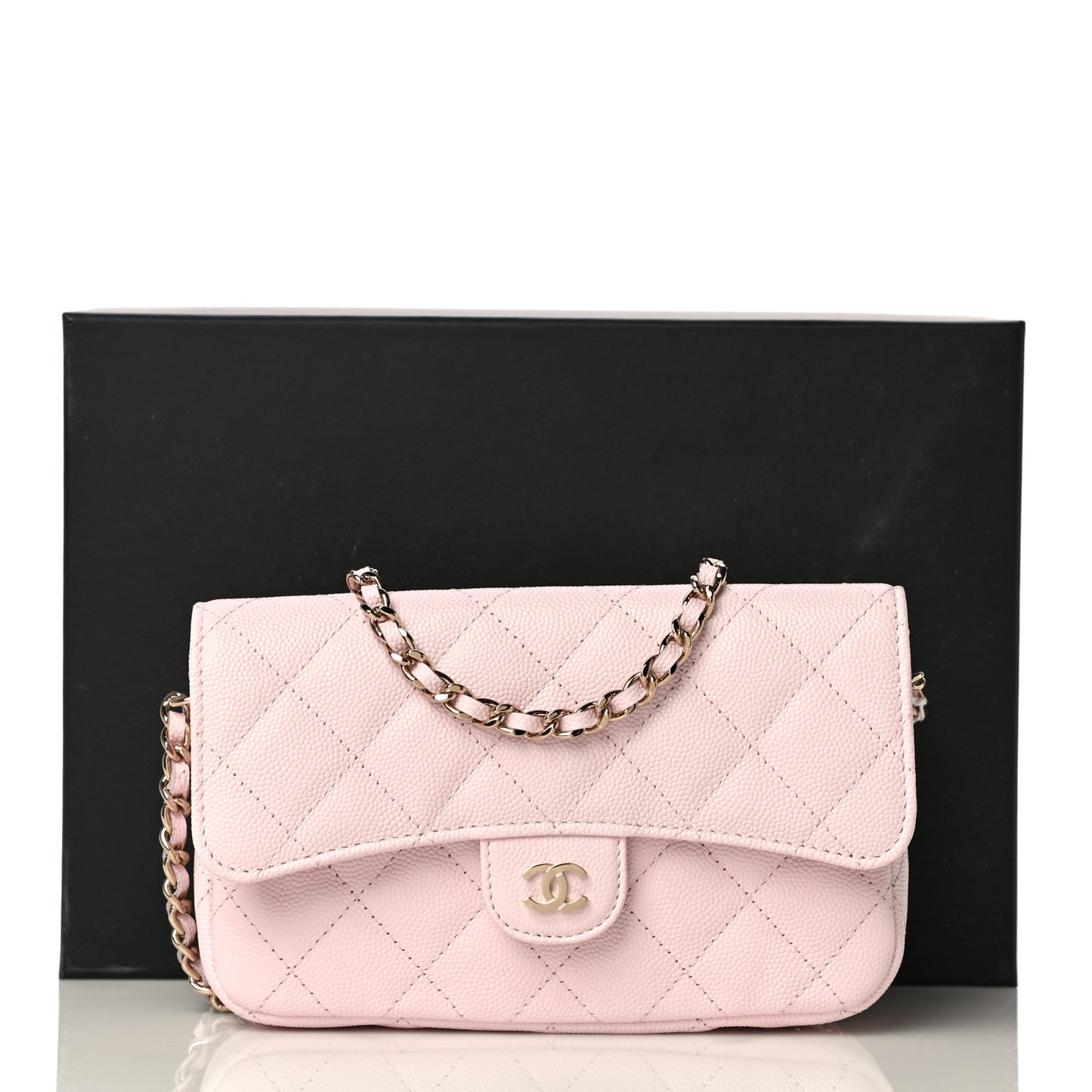 Caviar Quilted Flap Phone Holder With Chain Light Pink