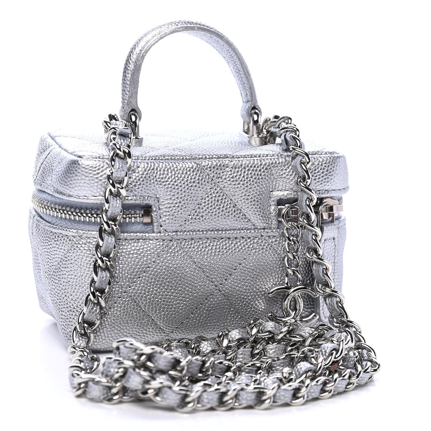 Metallic Caviar Quilted Mini Top Handle Vanity With Chain Silver