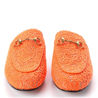 Gucci Lace Malaga Kid Womens Princetown Slippers 37.5 Orange Fluo Skin Rose 2 of 9