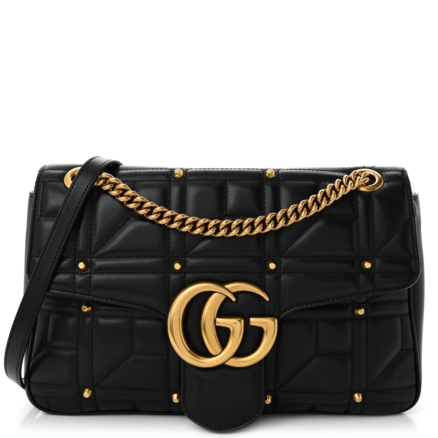 Calfskin Matelasse Studded Medium Pearly GG Marmont Shoulder Bag Black