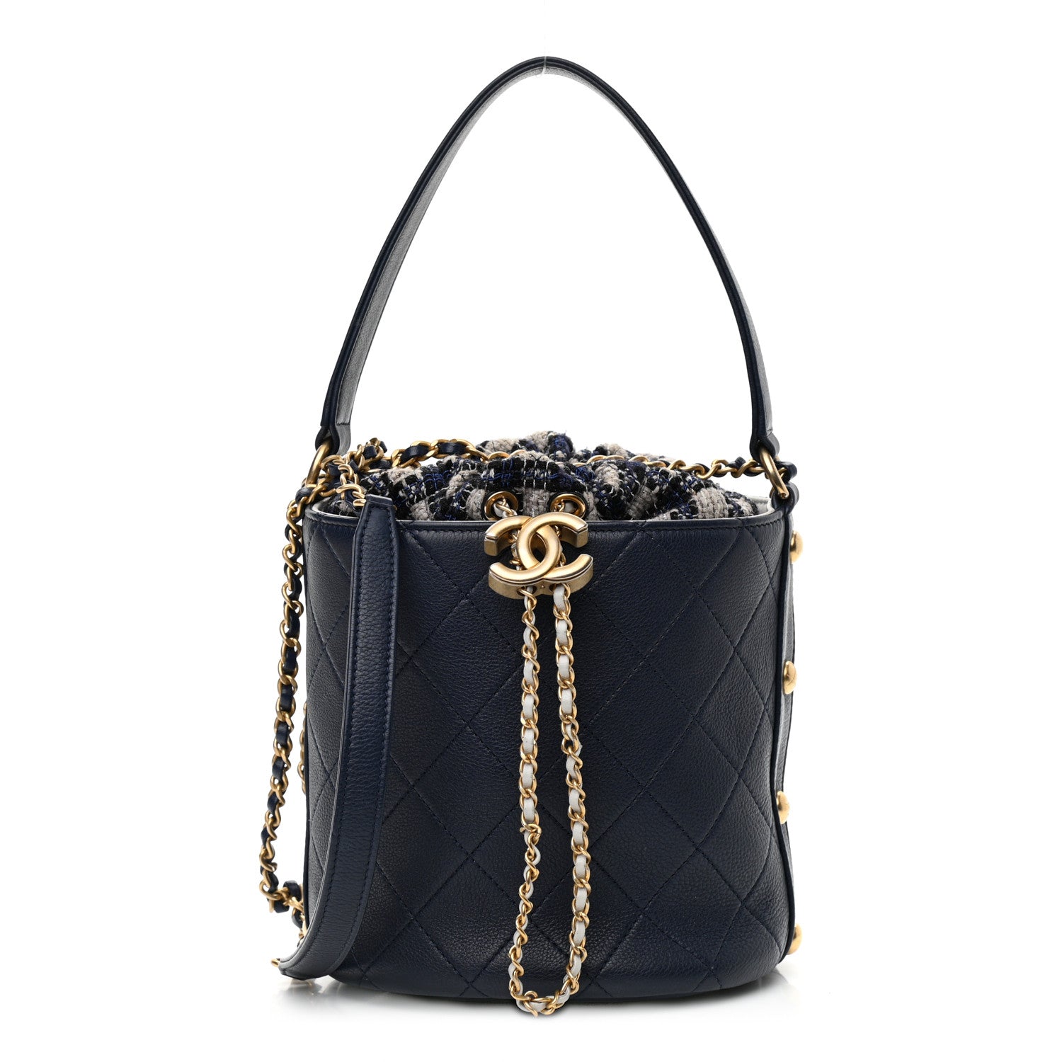 Chanel Calfskin Tweed Medium CC Chain Bucket Drawstring Bag Navy Blue Multicolor 1 of 10