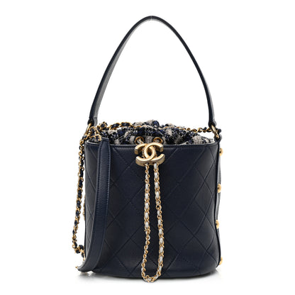 Chanel Calfskin Tweed Medium CC Chain Bucket Drawstring Bag Navy Blue Multicolor 1 of 10