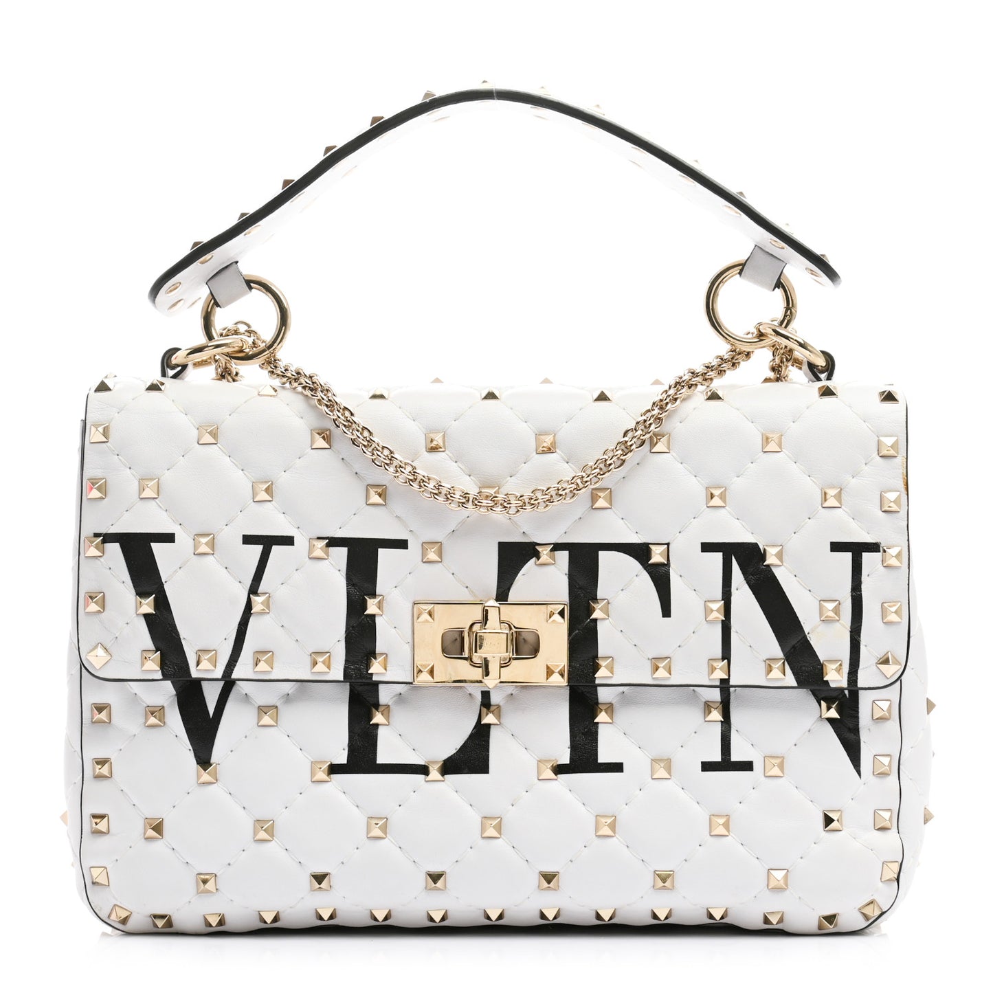 Lambskin VLTN Print Medium Rockstud Spike Shoulder Bag Optic White Black