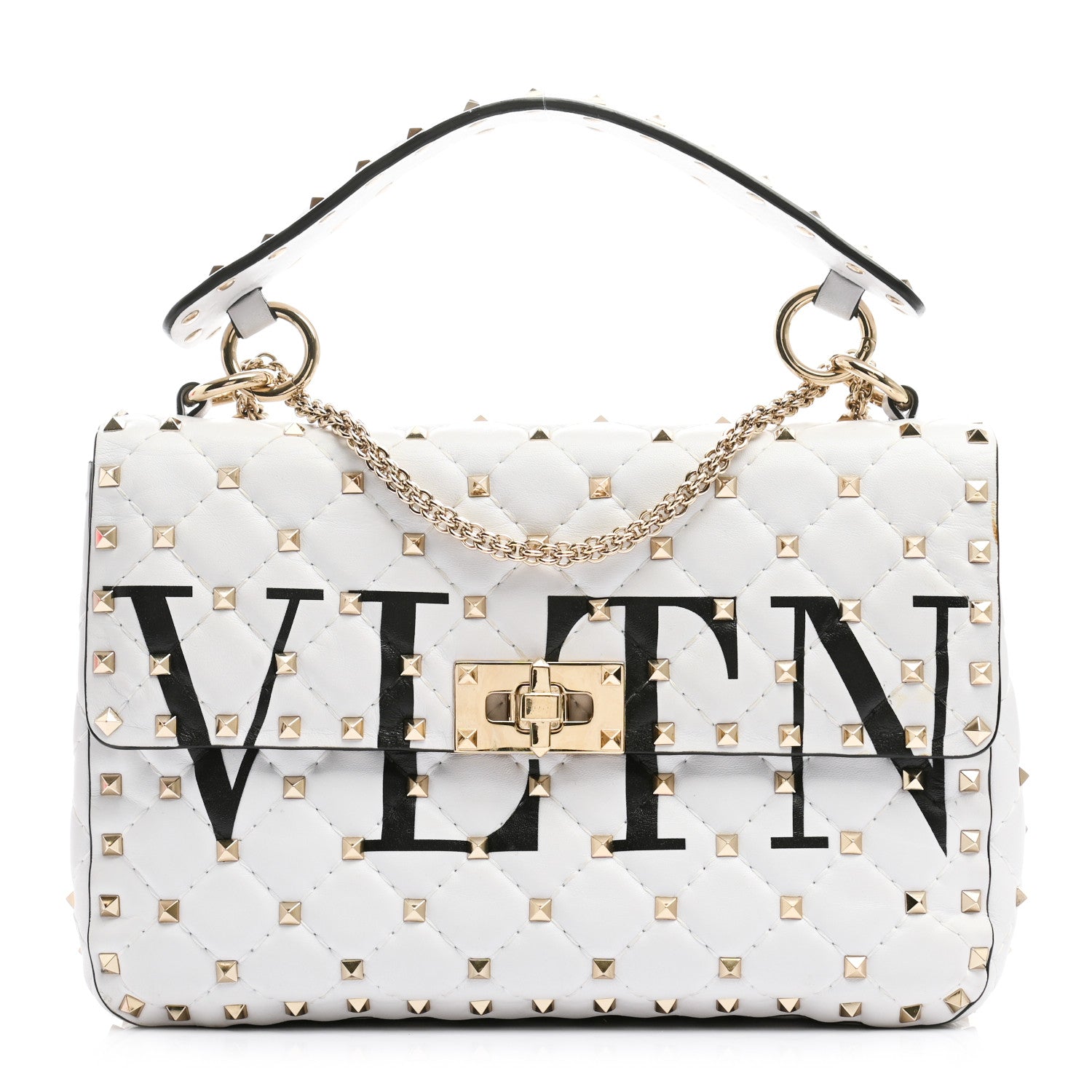 Valentino Garavani Lambskin VLTN Print Medium Rockstud Spike Shoulder Bag Optic White Black 1 of 10