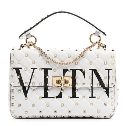 Valentino Garavani Lambskin VLTN Print Medium Rockstud Spike Shoulder Bag Optic White Black 1 of 10