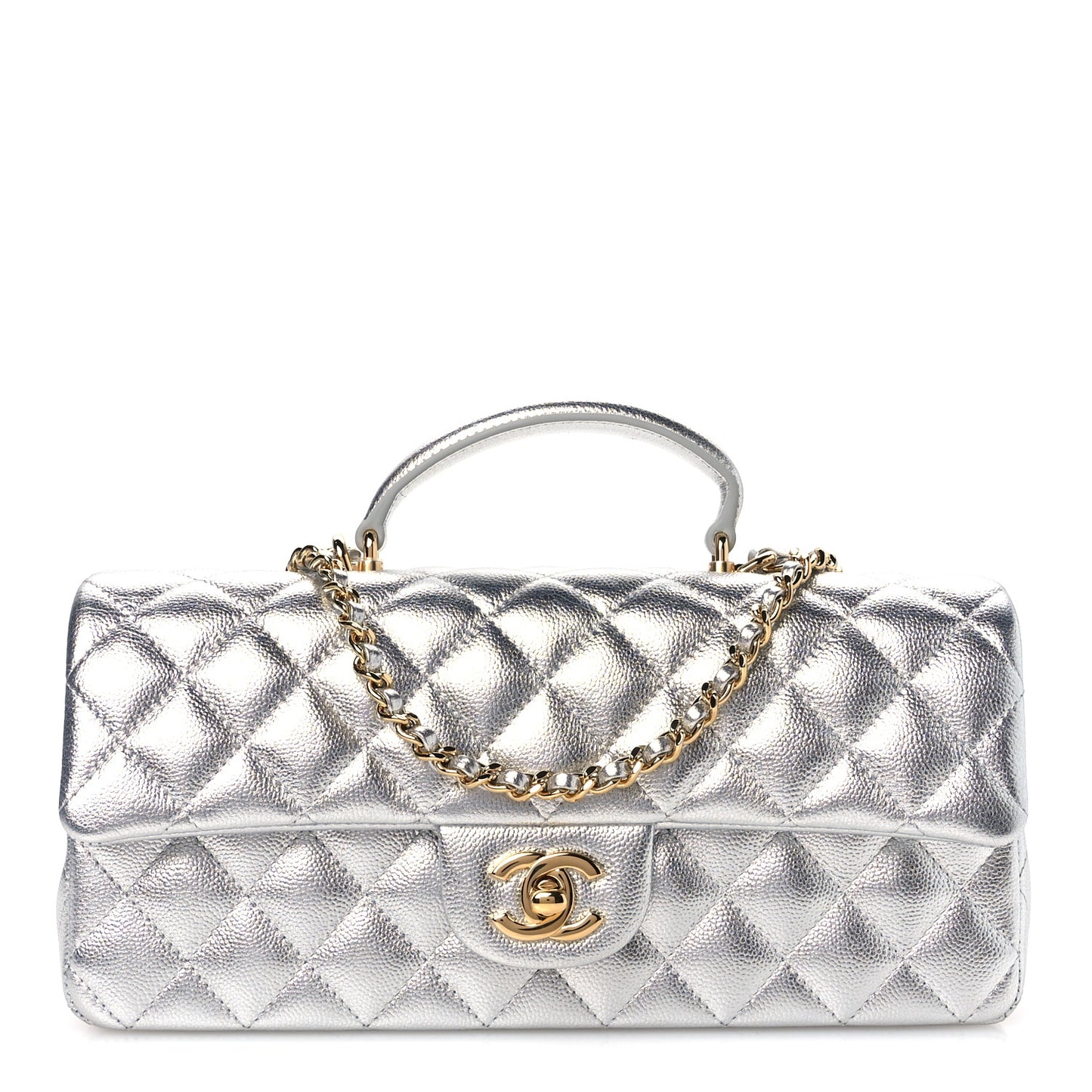 Metallic Caviar Quilted Top Handle East West Flap Silver