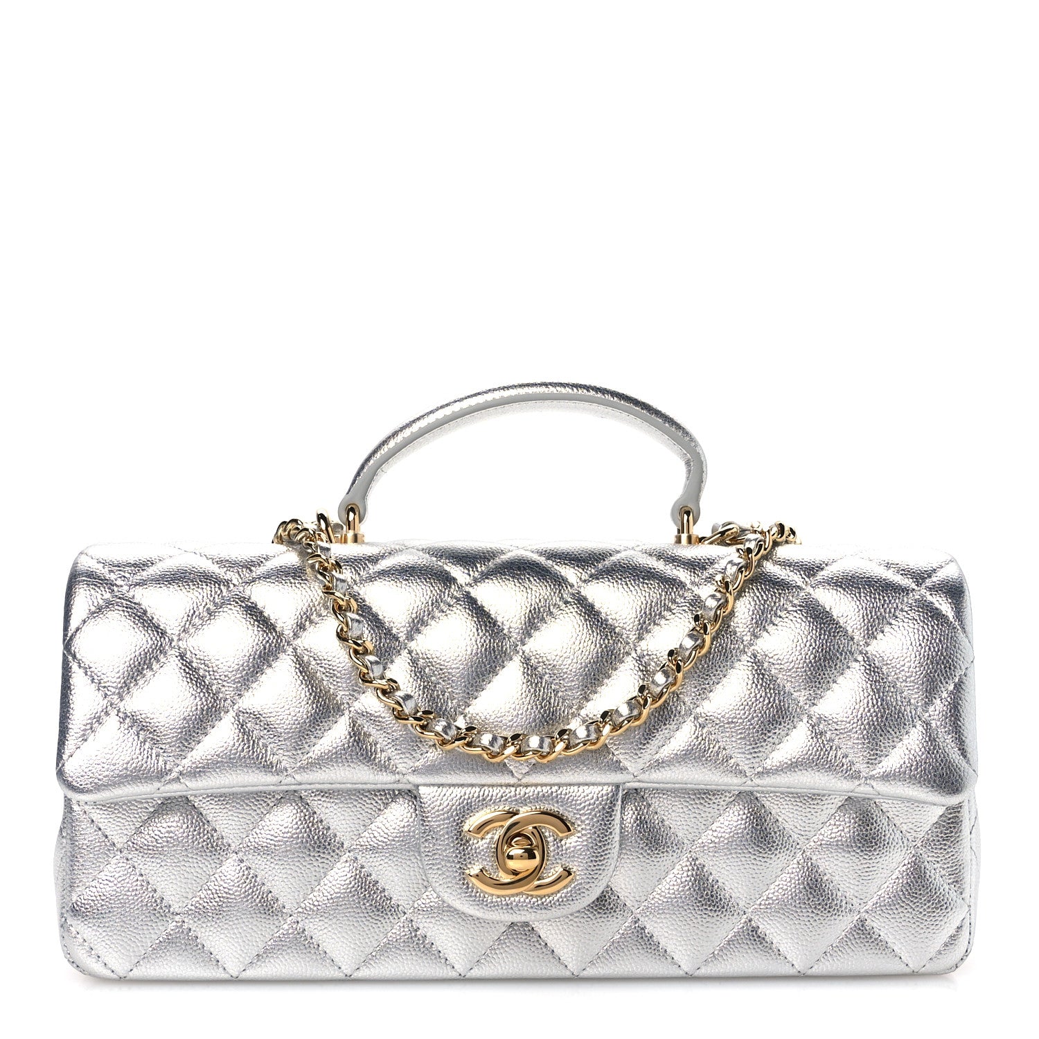 Chanel Metallic Caviar Quilted Top Handle East West Flap Silver 1 of 12
