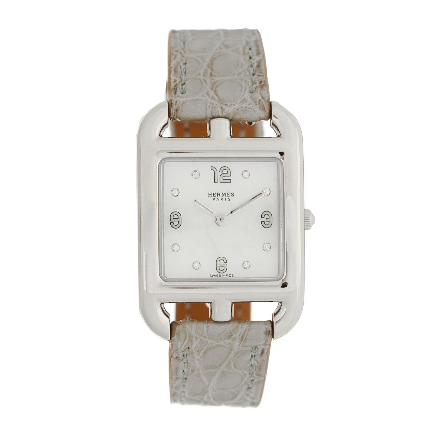 Hermes Stainless Steel Alligator Diamond Mother of Pearl 23mm Cape Cod Quartz Watch Gris Perle 1 of 5
