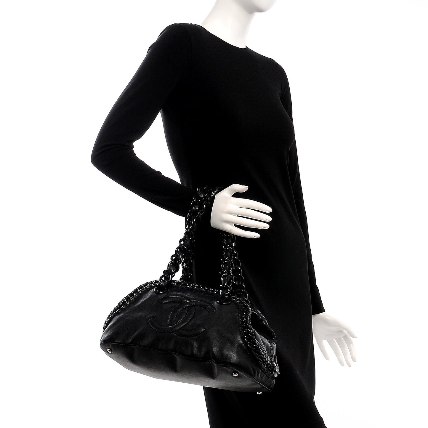 Calfskin Modern Chain Rhodoid Bowling Bag Black