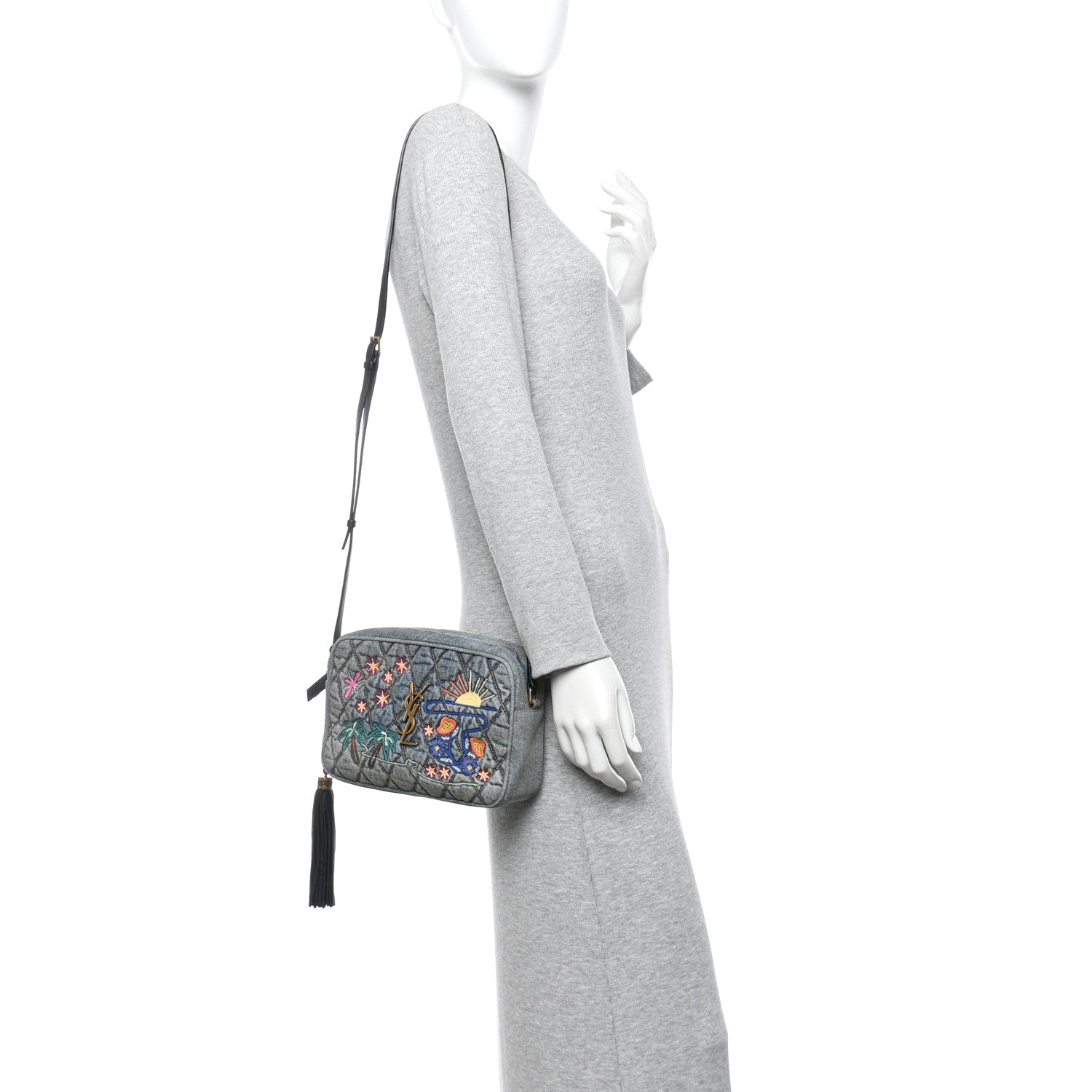 Saint Laurent Denim Matelasse Quilted Summer Embroidered Classic Monogram Camera Bag Blue 2 of 14